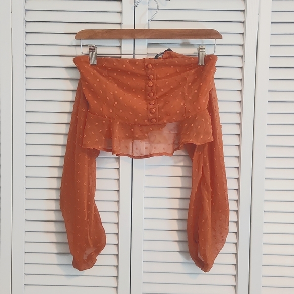 Boohoo Tops - NWT boohoo Burnt Orange Sheer Off the Shoulder Crop Top